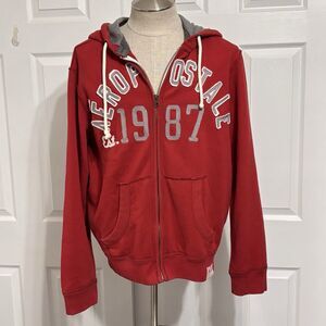 Aeropostale 1987 Men's Y2K Full Zip Logo Pockets Hoodie Sweatshirt Red Medium